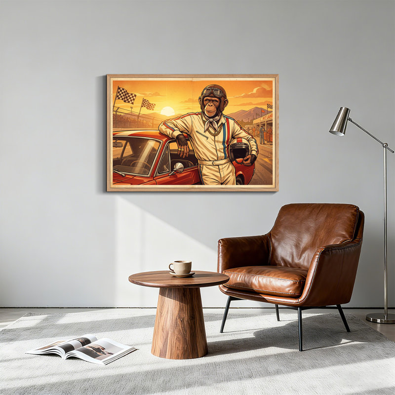 Un pilote de course de singe appuyé sur une voiture rouge dans une toile murale rétro au coucher du soleil, 32"H x 48"W