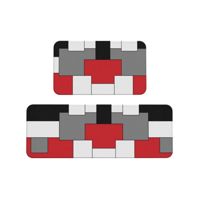 Red Black Pixel Block Flannel Kitchen Mats, 2 Pack Modern Home Decor Rugs For Kitchen & Game Room