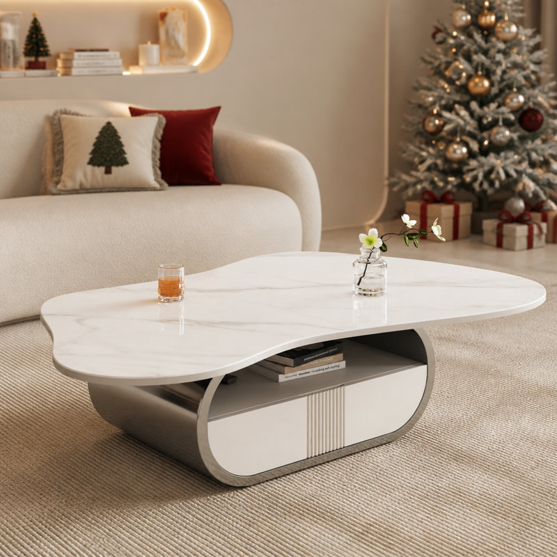 Table basse moderne en forme de papillon avec plateau en pierre frittée et tiroir de rangement fonctionnel pour les salons