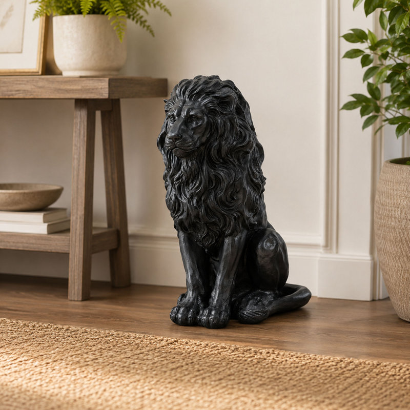 Statue de jardin lion noir, conception en résine résistante aux intempéries