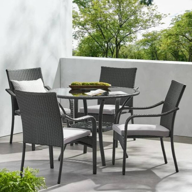 Ensemble de salle à manger d'extérieur en rotin avec 4 chaises, gris