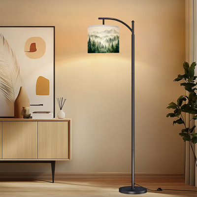 Arc Floor Lamp with Adjustable Lampshade Misty Pine Forest Distant Mountains Watercolor Landscape Standing Lamp 3 Colour Temperatures Dimmable Tall Pole Lamp with Foot Switch for Bedroom
