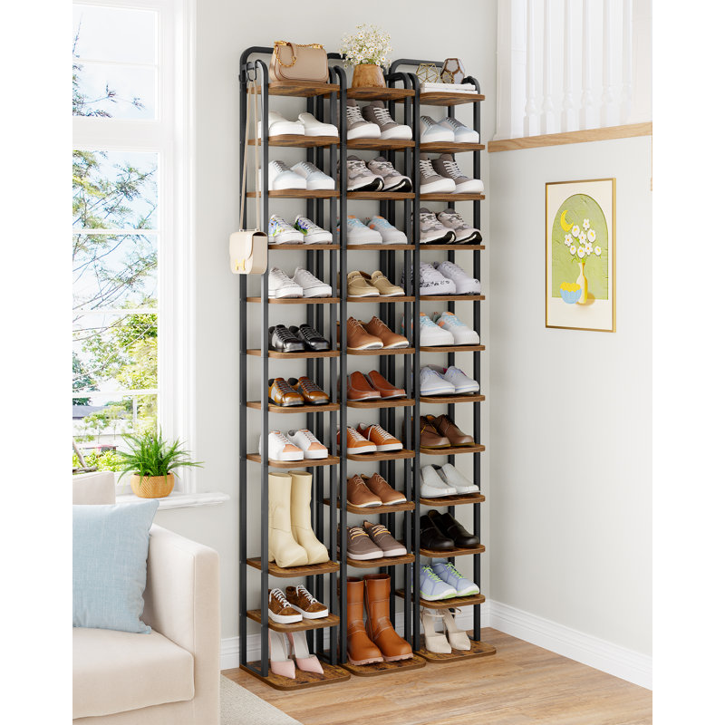 Vertical Shoe Rack, Shoe Shelves, Wood Shoes Organizer for Closet, Entryway, Shoes Tower for Small Spaces, Freestanding, with 2 Hooks, Rustic Brown and Black