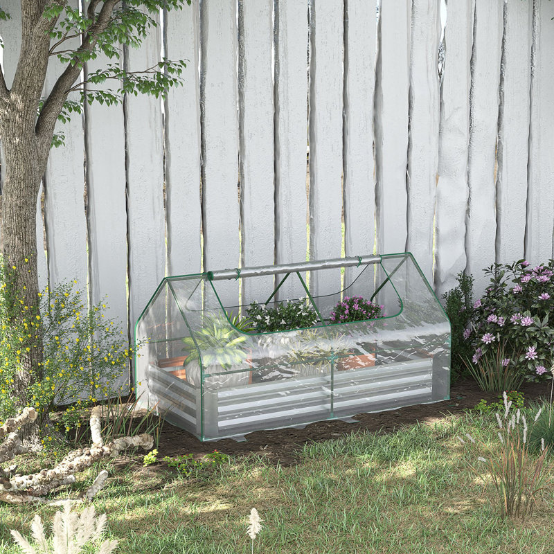 Outsunny 6' X 3' Galvanized Raised Garden Bed With Mini PVC Greenhouse Cover, Silver
