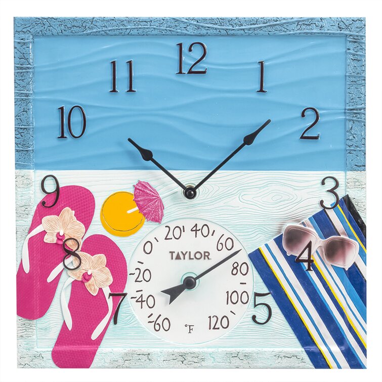 Taylor By The Sea Poly Resin Indoor and Outdoor Clock and Thermometer, 14  Inch, Multi-Color