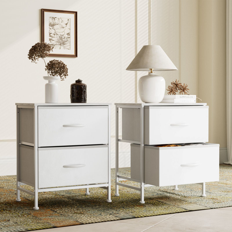 Jaece Modern 2-Fabric Drawer Nightstand, Small Space Bedside Table, End Table Storage Cabinet, White