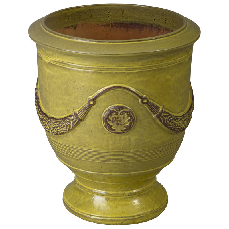 Anduze French Yellow Ceramic Round Planter with Drainage Hole, 31" H x 27" W x 27" D