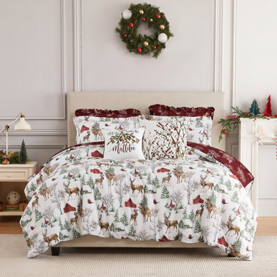 Ensemble de literie réversible Southshore Fine Linens White Christmas, 7 pièces comprenant 1 couette, 2 taies d'oreiller king, 2 taies d'oreiller carrées, 1 coussin décoratif et 1 housse de coussin, King/California King