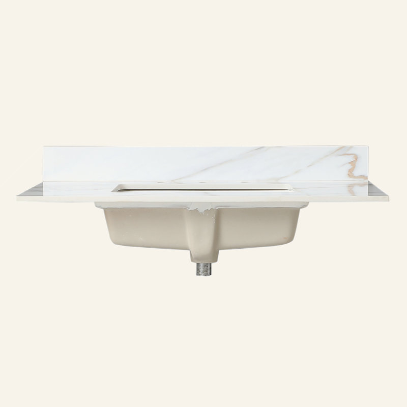 37 Inch Marble Vanity Top, Bathroom Vanity Top With Undermount Rectangular Middle Sink And 4" Height Backsplash, Pre-Drilled  Faucet Hole  Vanity Top, Carrara White With Veins