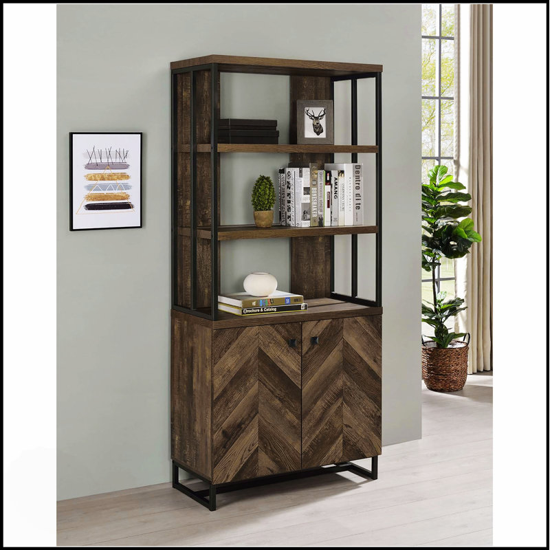 Bibliothèque rustique à 2 portes à chevrons en chêne avec tablettes spacieuses et fabrication durable, parfaite pour le rangement et la présentation organisés.