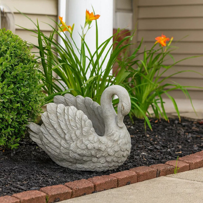 Jina Large Planter With Swan Sculpted Details, Gray Terracotta, 12.25" H x 14.5" W x 9.75" D