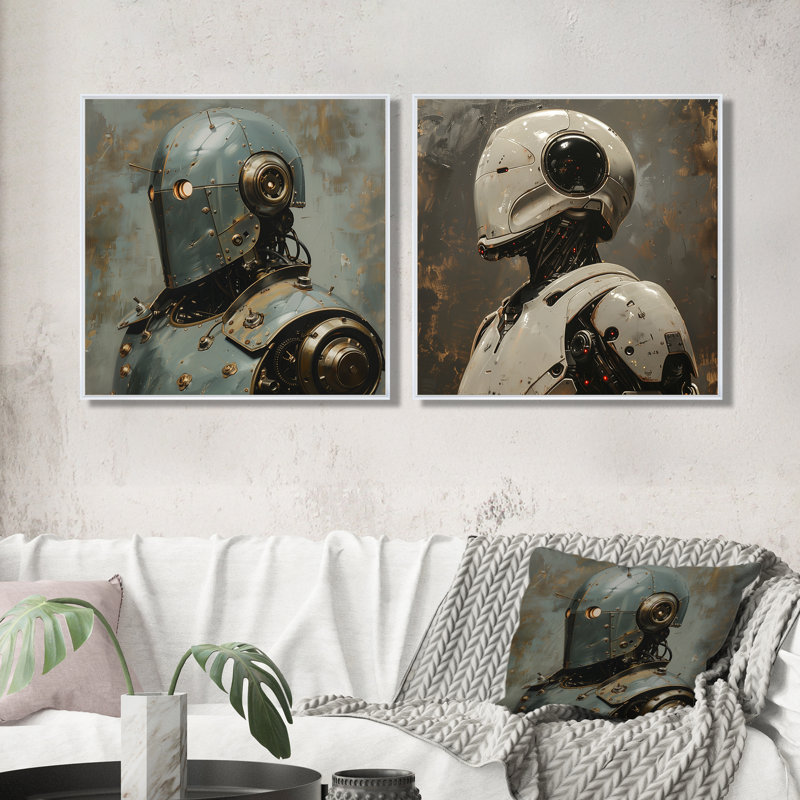 Blanc majestueux en métal Robot I - décoration murale Robots - art mural moderne 2 pièces, H 36 po x l 73 po, White
