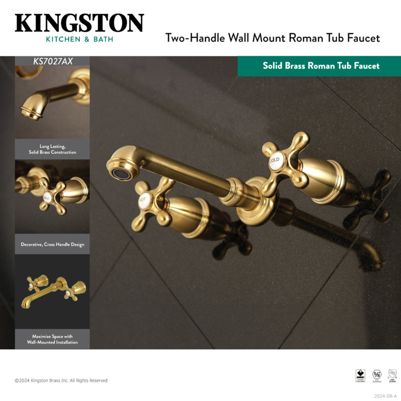 Robinet de baignoire romaine à 3 poignées et 3 poignées Kingston Kingston, Laiton satiné