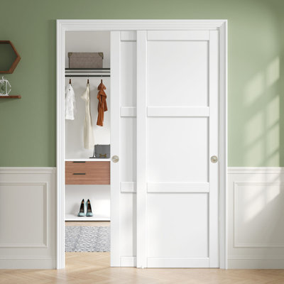 60 in. x 80 in. White 3 Panel Manufactured Wood Double Sliding Closet Doors with Installation Hardware Kit