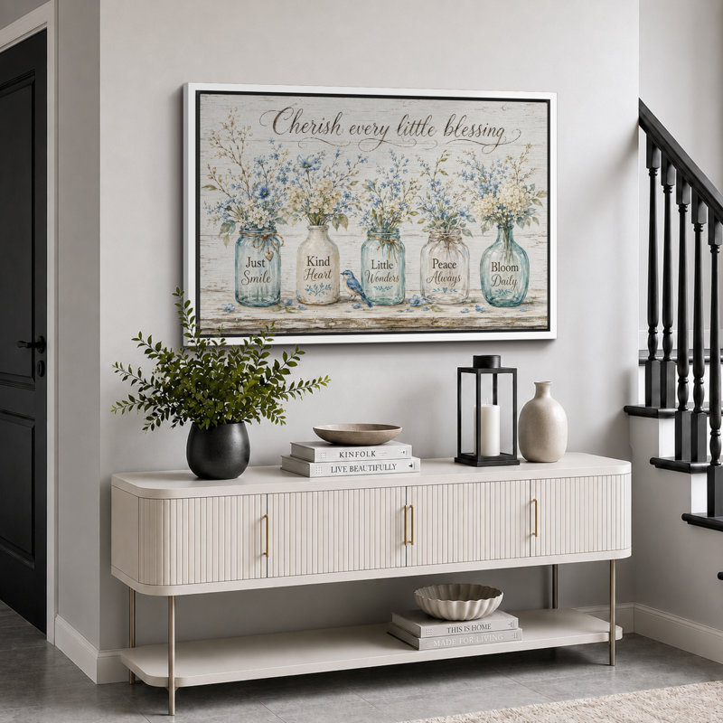 «Cherish Every Little Blessing Blue Floral Vase», images de salon, impression sur toile encadrée, White Frame