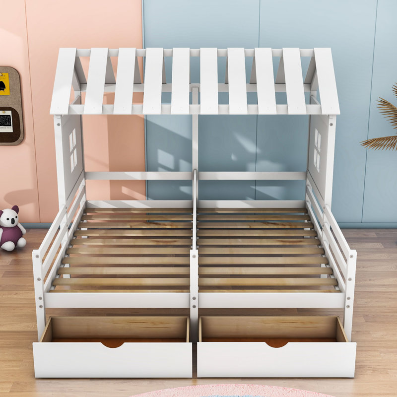 Arnoldine Twin Size 2 Drawers Wood Double House Platform Beds, White