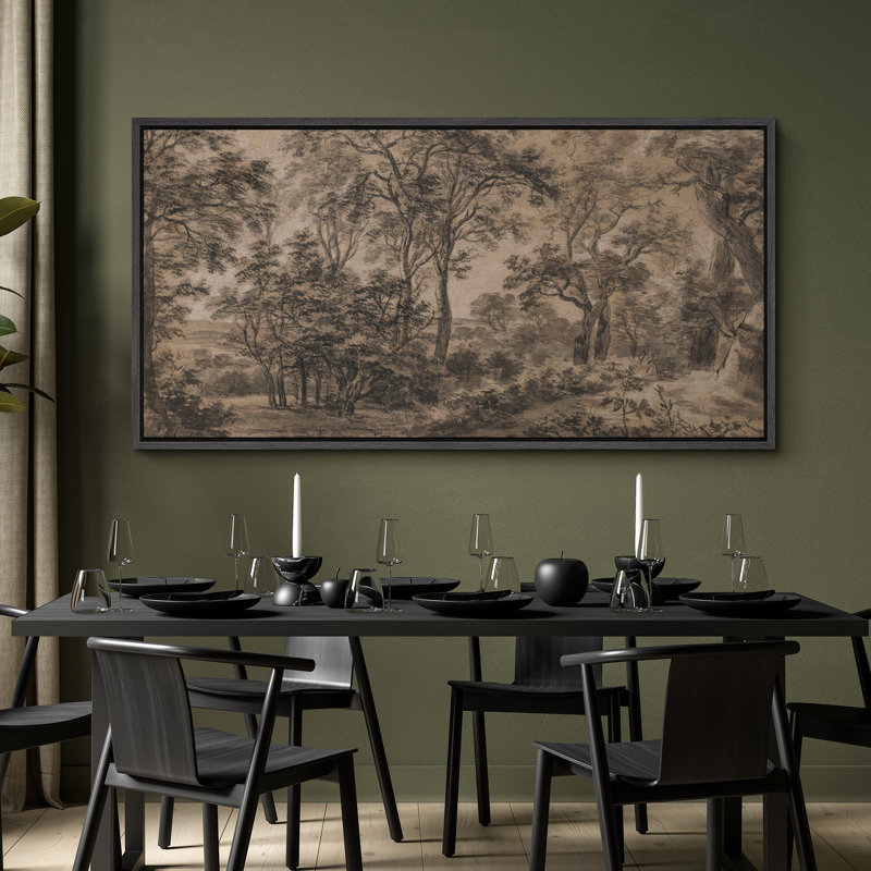 Paysage forestier rétro dans des tons sépia, art moderne, H 30 po x l 60 po, Noir, noir, noir, noir