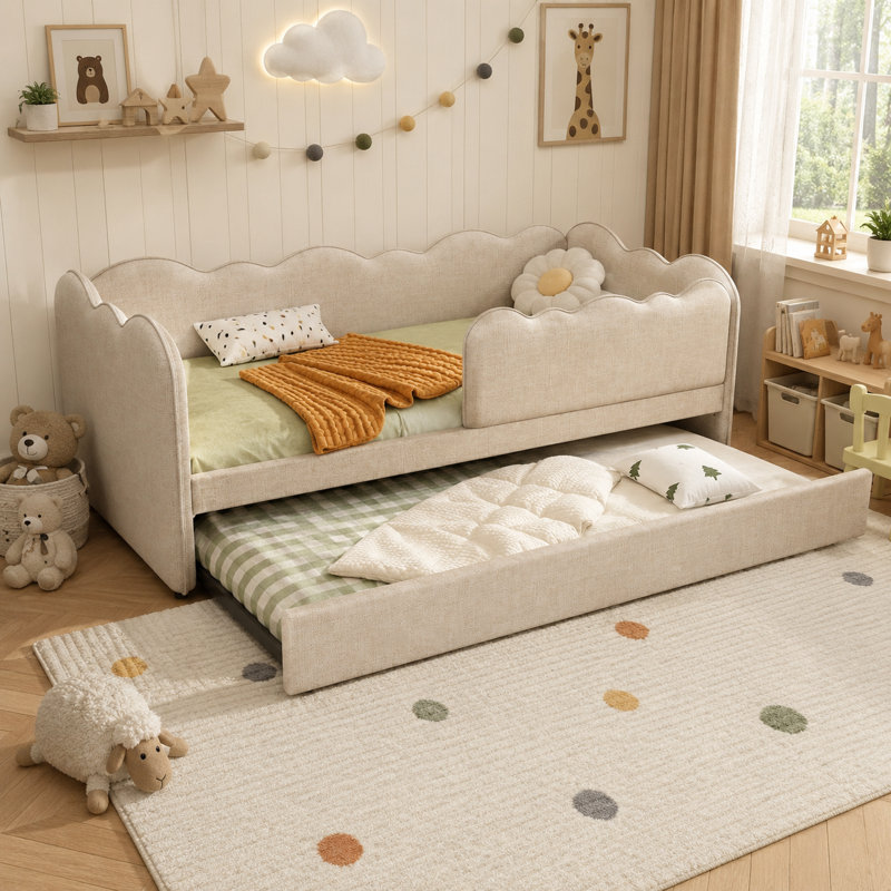 Upholstered Daybed with Trundle, Beige