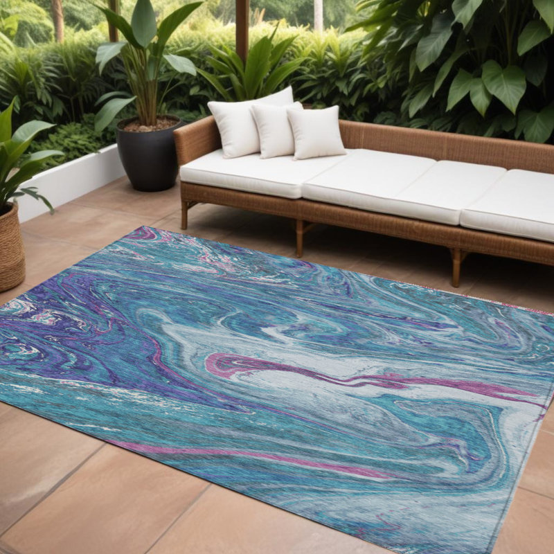 Tapis d'extérieur lavable abstrait 8 pi x 10 pi bleu sarcelle mauve et rose
