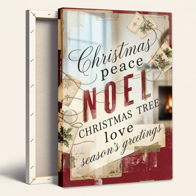Tableau sur toile « Paix de Noël » avec typographie, houx et oiseaux