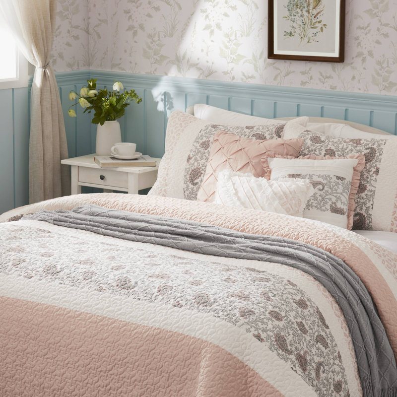 Ensemble de courtepointe en percale de coton 6 pièces avec coussins décoratifs Dawn, Rougir
