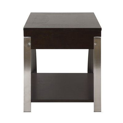 Table de bout Modern Espresso avec tiroir et tablette inférieure, table d'appoint en bois et acier inoxydable