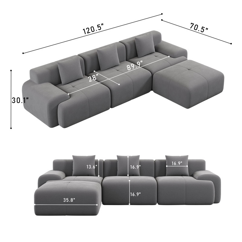 Canapé-lit modulaire en velours côtelé avec repose-pieds Bonord, Gris
