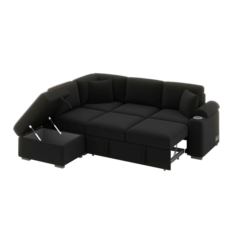 Canapé-lit, canapé-lit escamotable en L avec repose-pieds, Noir