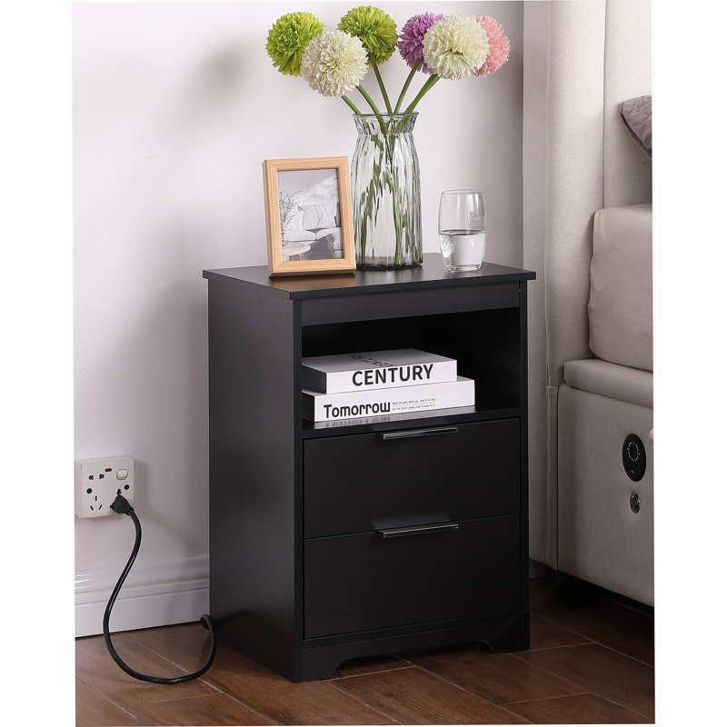 Table de chevet avec station de charge, table de bout à 2 tiroirs, table de bout en bois avec tiroir et tablette d'ouverture, table d'appoint pour chambre à coucher, noir