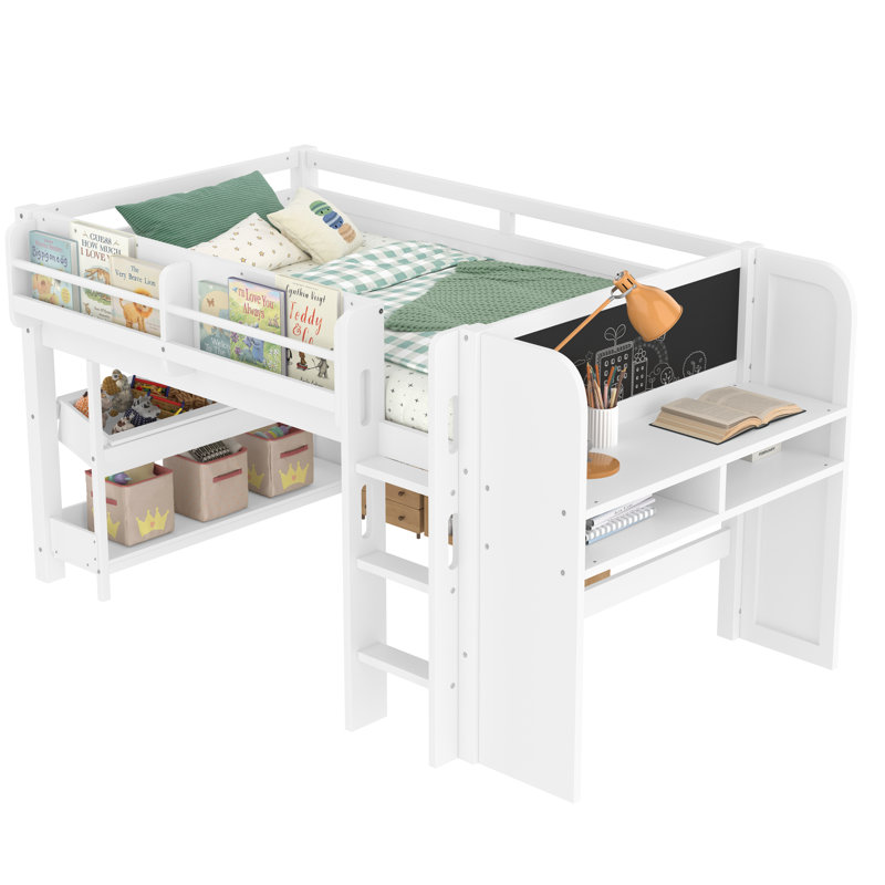Lit mezzanine simple peu encombrant avec rangement multifonctionnel, bois massif, idéal pour une utilisation familiale moderne