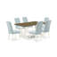 L'ensemble de 7 pièces se compose d'une table de salle à manger Jacobean patinée et de 6 chaises Parson en lin bleu bébé avec dossier capitonné - Lin brossé blanc.-1872526498-1872526499