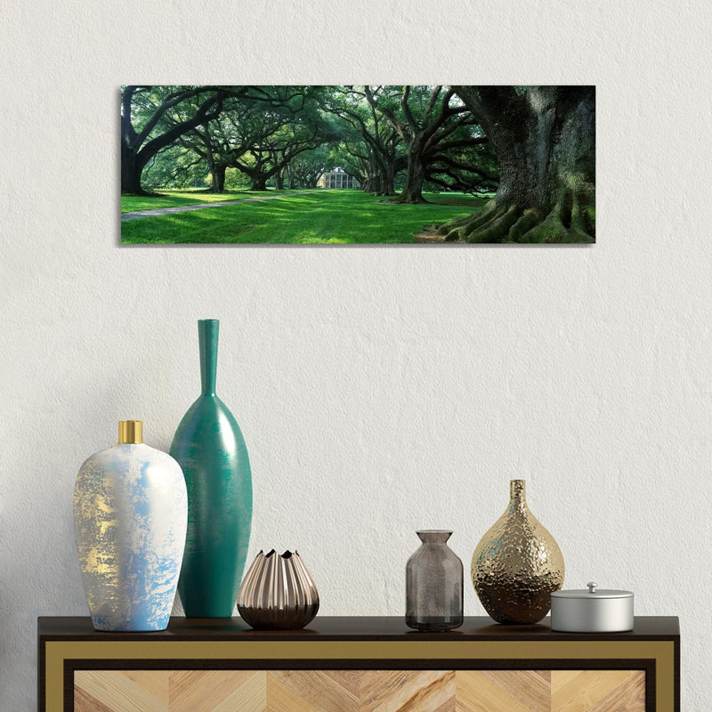 USA, Louisiana, New Orleans, Oak Alley Plantation, Plantation Home Through Alley Of Oak Trees - Wrapped Canvas Panoramic Print