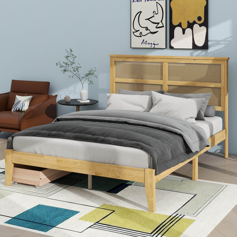 Structure de lit en bois avec deux tiroirs de rangement intégrés, Lit double, Chêne blanc