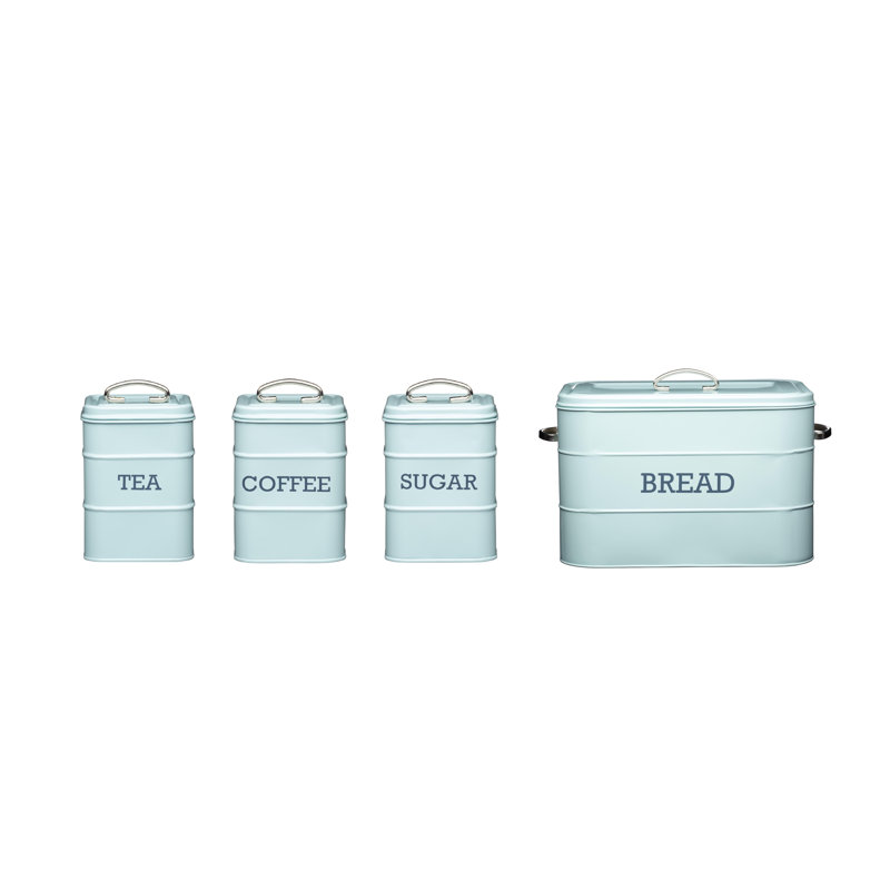 Living Nostalgia 4pc Kitchen Canister Set; Tea, Coffee, Sugar Canisters and Breadbin, Vintage Blue