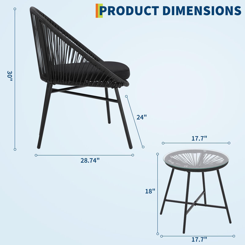 3 Piece Rattan Bistro Set, Outdoor Wicker Patio Furniture Set with 2 Chairs and Glass Coffee Table for Backyard Balcony Garden
