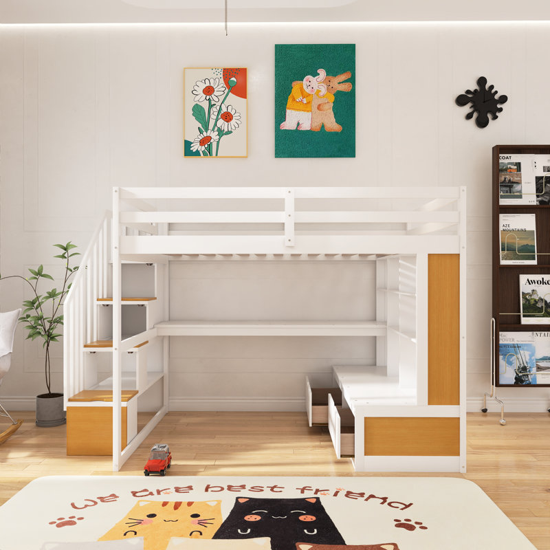 Lit mezzanine double avec bureau et tablettes, deux tiroirs intégrés, escalier de rangement, Gris