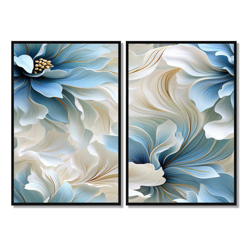 «Ethereal Blue and White Damask Dreams» - art mural bleu 2 pièces, 36" H x 48" W, Impression encadrée flottante, Black