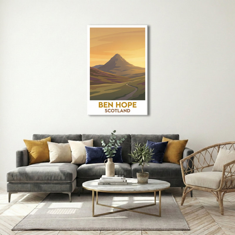 Ben Hope, Scotland - Romantic Highlands Travel Poster, Northern Munro. Giclee Print on Wrapped Canvas. Wall Art, Home Decor - Natural Landmarks, Scotland 1 Piece Wrapped Canvas Wall Art