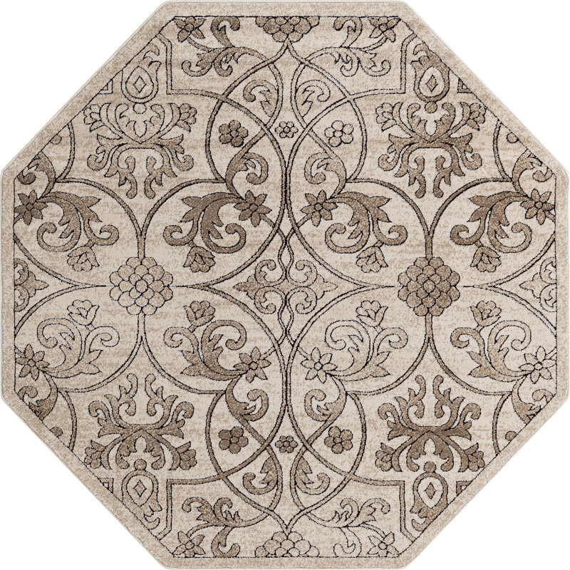 Dathon Floral Area Rug in Bone, Octagon 5'