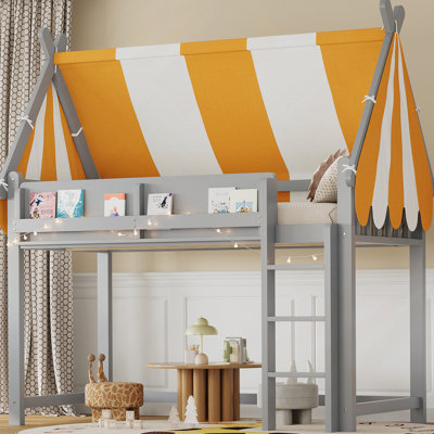 Lit mezzanine simple avec auvent, lumières DEL et bibliothèque, gris