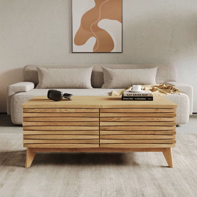Corrigan Studio Mamtha Oak Coffee Table Modern 2-Drawer Oak Effect Table with Textured Slats and Adjustable Shelves