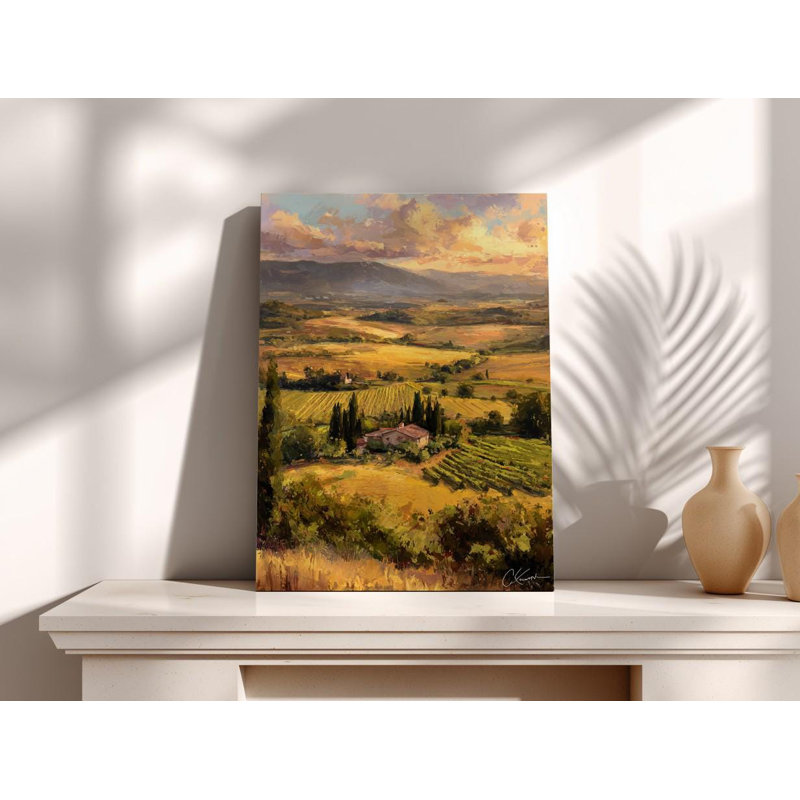 Peinture dorée de paysage toscan, impressionnant vignoble italien sur toile, Rolling Hills of Tuscany, pour un décor chaleureux et rustique
