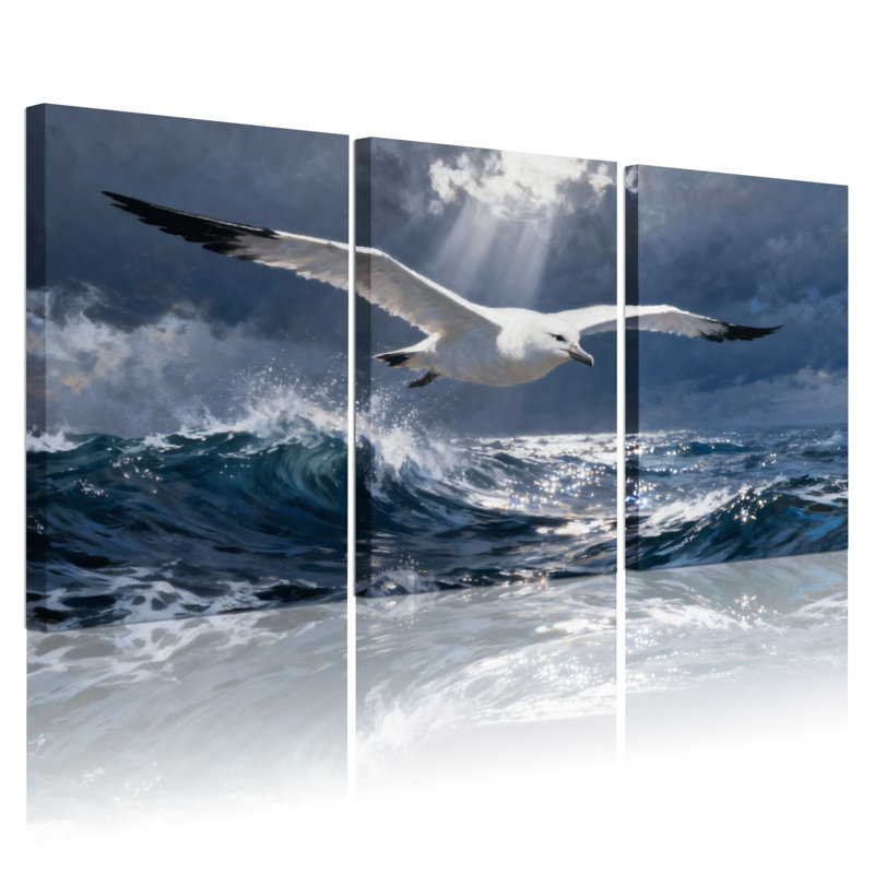 Birds Seagull Soaring Over Ocean Waves Under Sky, ensemble de 3 impressions sur toile, H 24 po x l 48 po