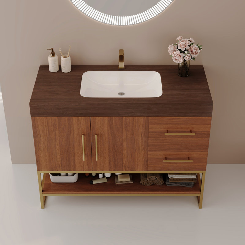 Meuble-lavabo moderne de 36 pouces avec lavabo en céramique sans couture et armoire autoportante décorative dorée, durable et élégant pour toute maison