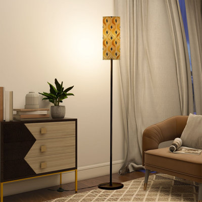  68.5" Standing Floor Lamp Seamless Golden Wavy Abstract Diamond Motifs Dark Dimmable Metal Pole Lamp with Linen Lampshade LED Bulb Included
