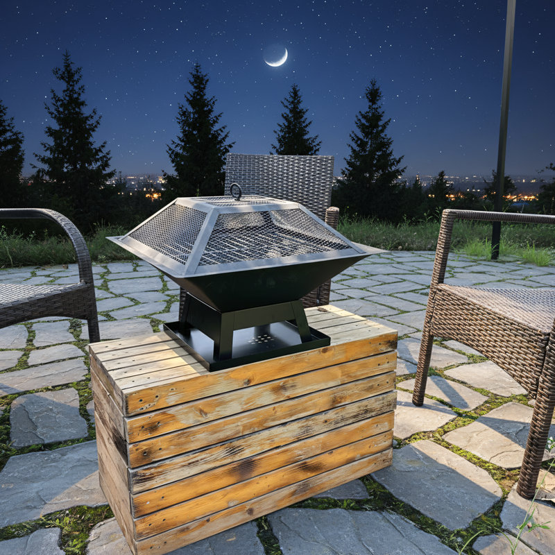 Petit foyer carré portable, parfait pour les soirées barbecue, cadre en grillage de haute qualité, conception robuste, couvercle en filet pour prévenir les éclaboussures de braises, noir