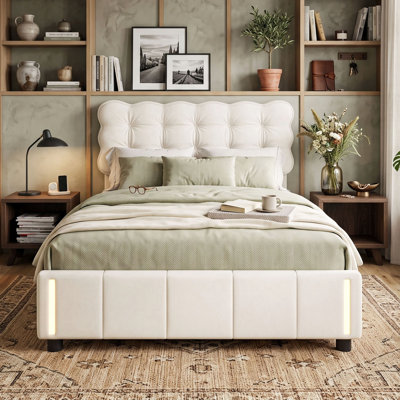 UK & EU Sizes Velvet Ottoman Bed With Motion Sensor LED Lights, Upholstered Cloud Tufted Frame, Beige