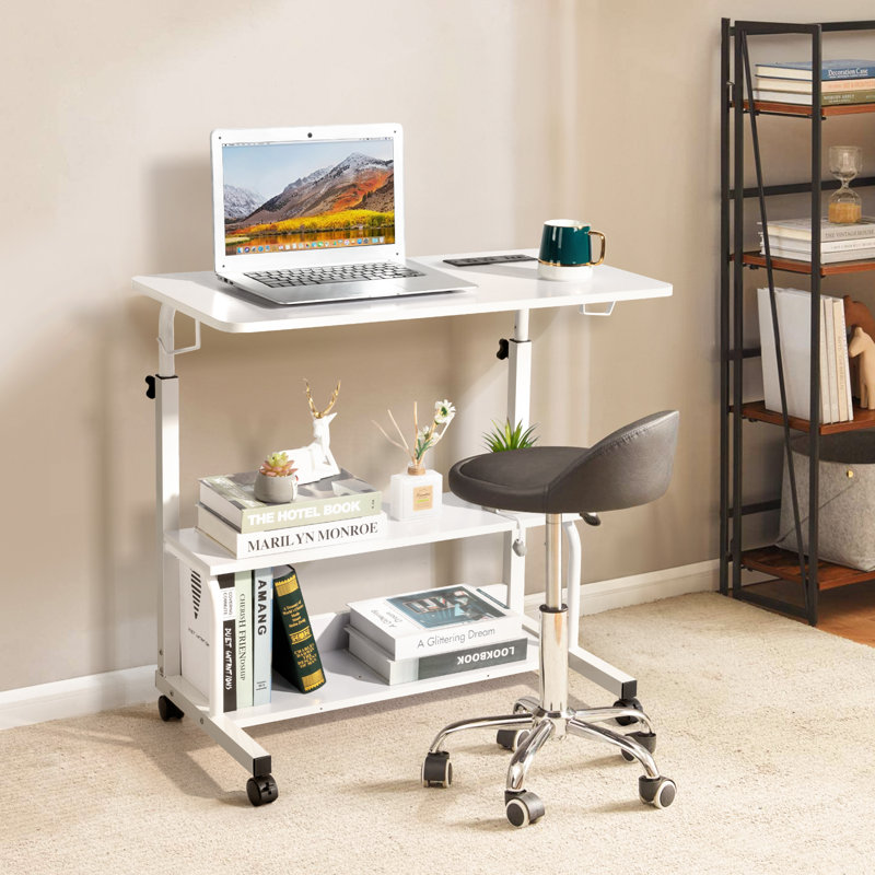 Adjustable Height Iron Computer Desk with Built-In Electrical Outlet, White