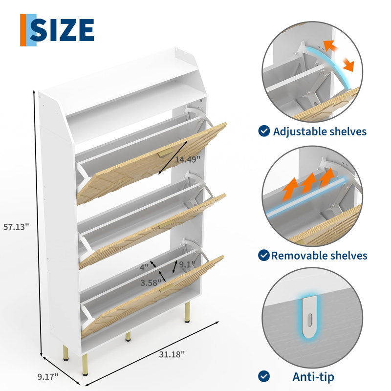 Slim Shoe Cabinet with 2 Flip Drawers, Hidden Entryway Shoe Storage Organizer with Adjustable Shelves