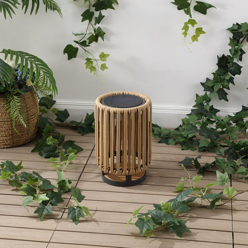 Sawara 12.5" Modern Minimalist Faux Rattan Integrated Indoor/Outdoor LED Solar Powered Lantern, Natural
